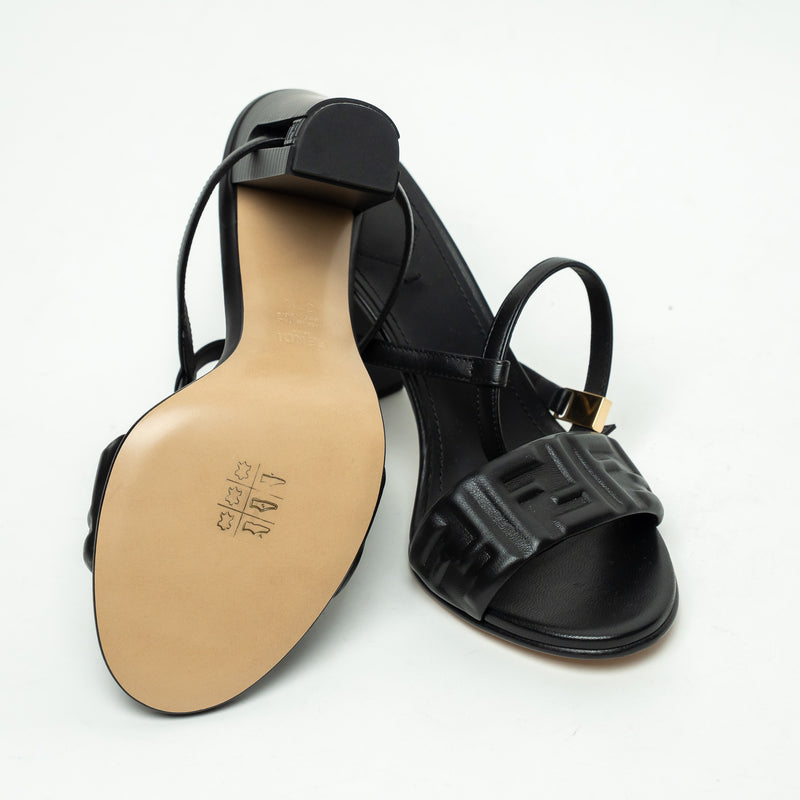Fendi Black Nappa Leather Delphina Block Heel Sandals Size 37.5