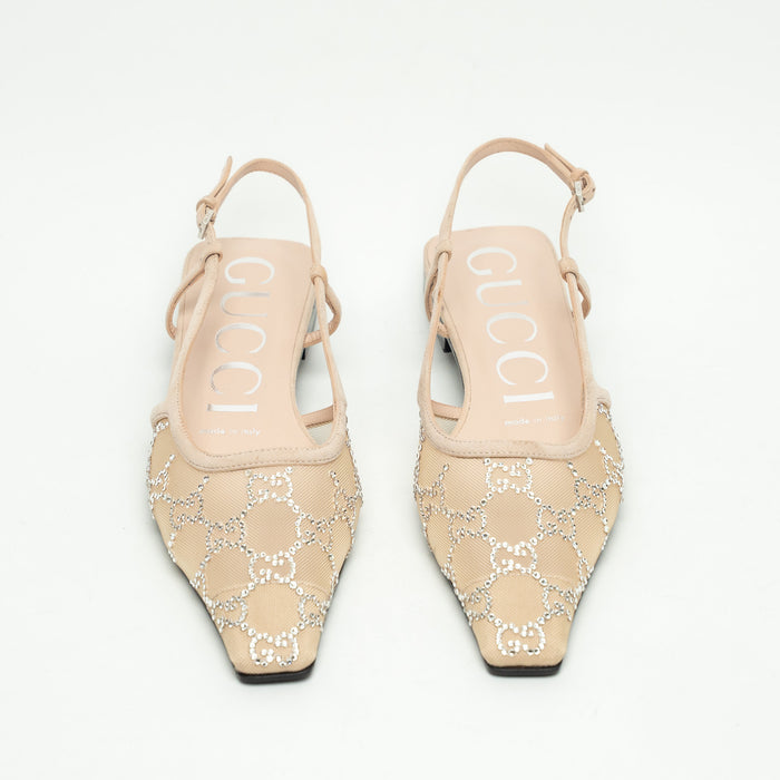 Gucci Beige Suede Mesh GG Crystal Embellished Slingback Sandals Size 36.5