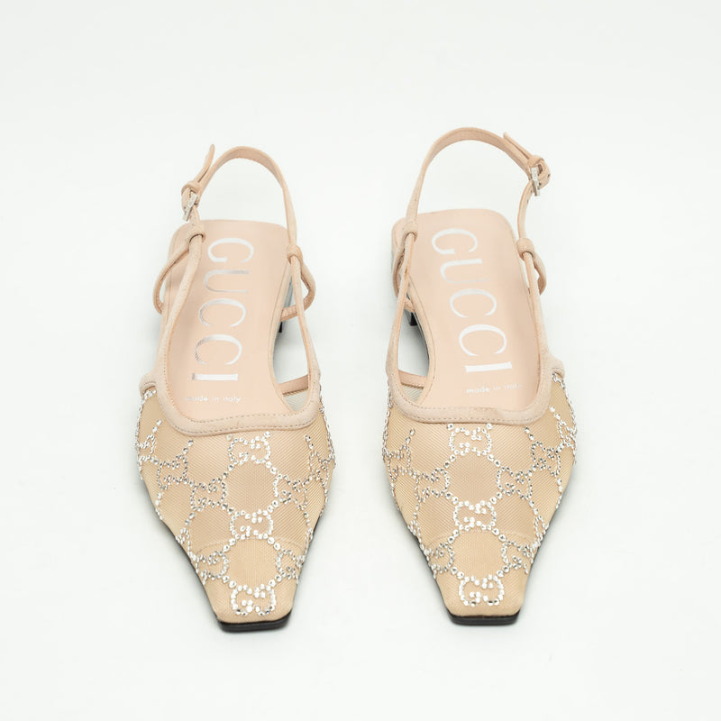 Gucci Beige Suede Mesh GG Crystal Embellished Slingback Sandals Size 36.5