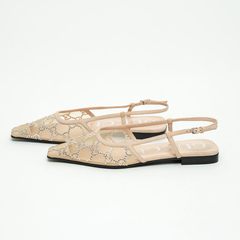 Gucci Beige Suede Mesh GG Crystal Embellished Slingback Sandals Size 36.5