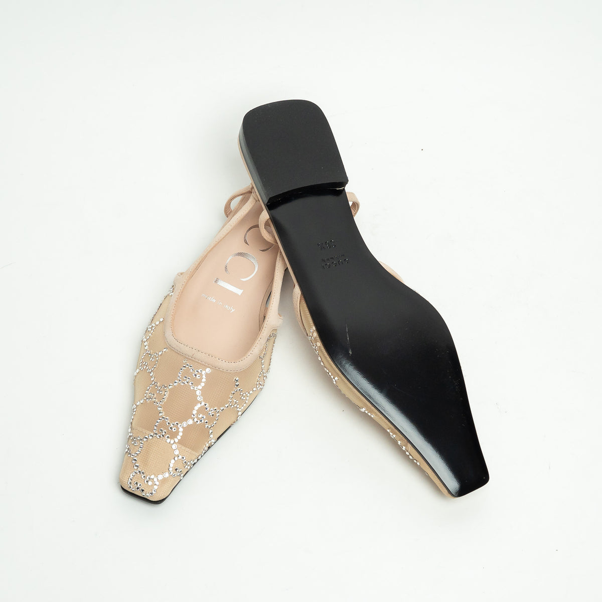 Gucci Beige Suede Mesh GG Crystal Embellished Slingback Sandals Size 36.5