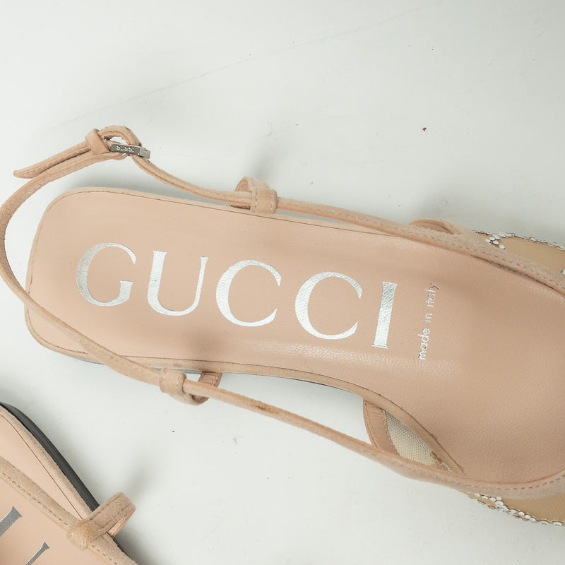 Gucci Beige Suede Mesh GG Crystal Embellished Slingback Sandals Size 36.5