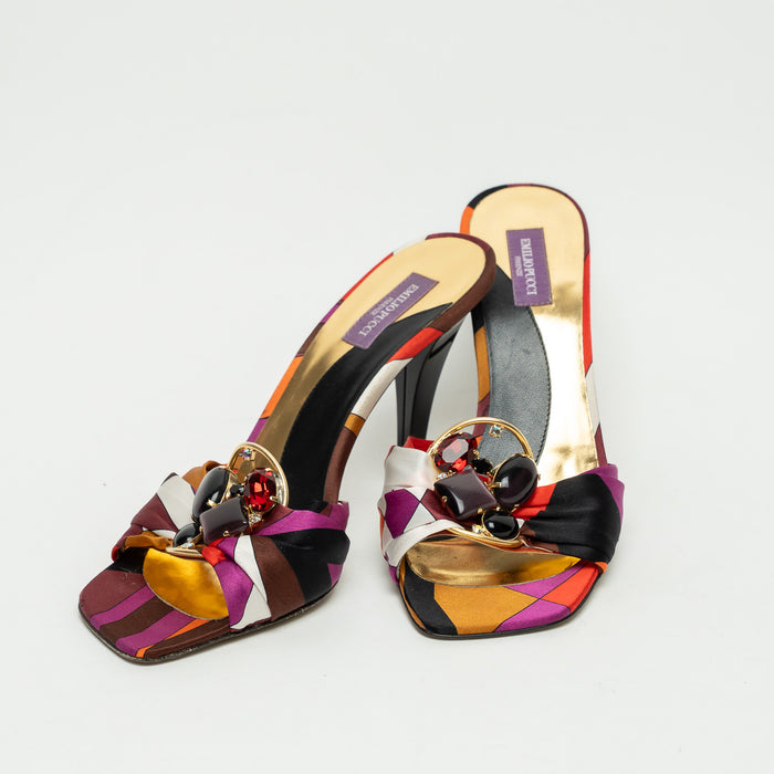 Emilio Pucci Purple Multicolor Silk Stone and Crystal Embellished Sandals Size 37
