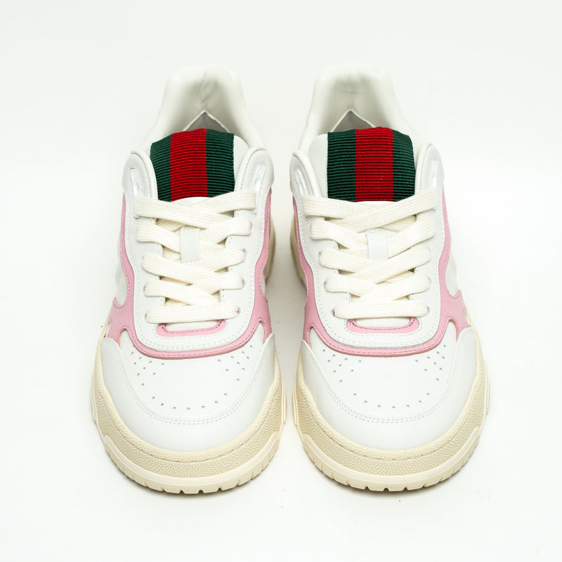 Gucci White and Pink Grained Leather Re-Web Sneakers Size 36