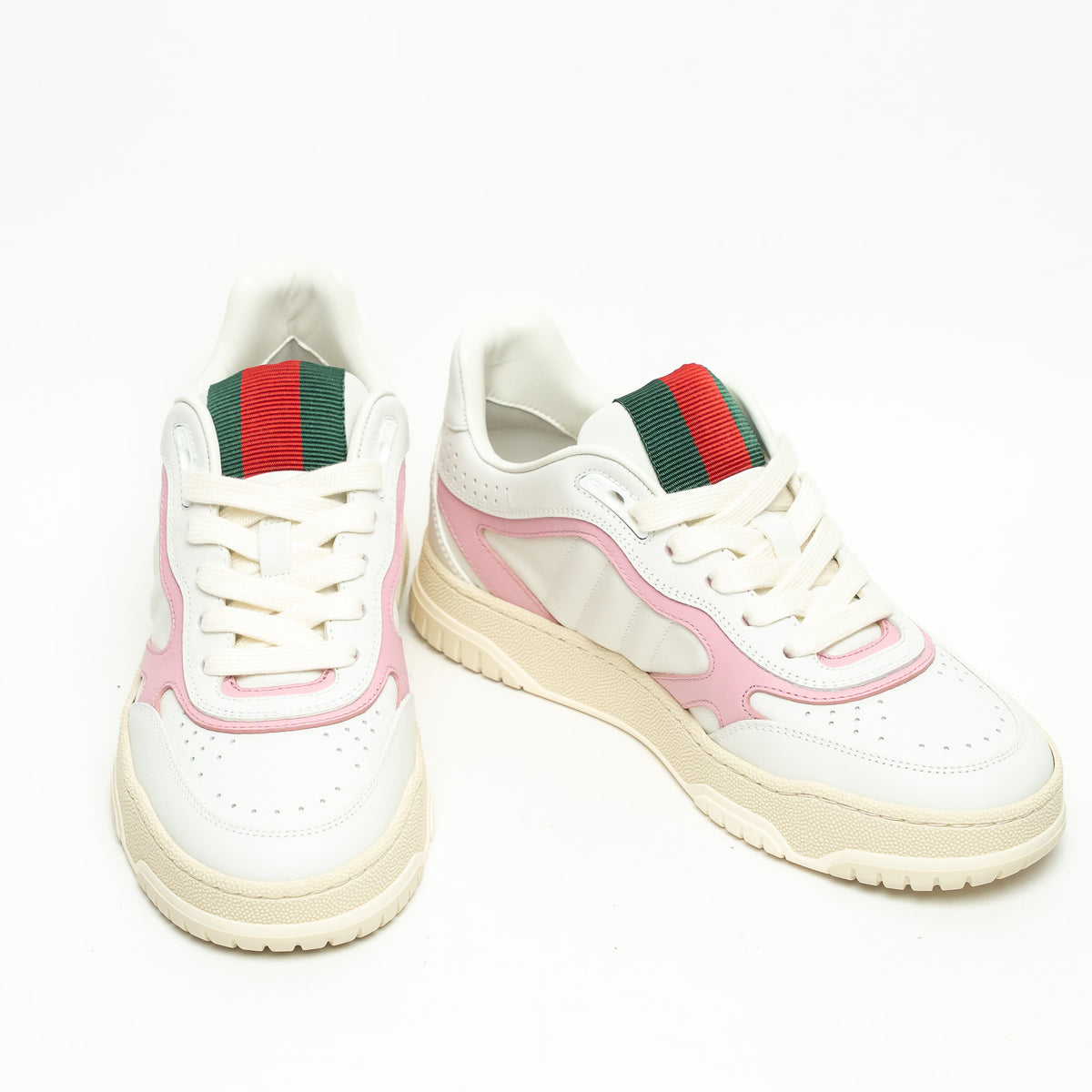 Gucci White and Pink Grained Leather Re-Web Sneakers Size 36