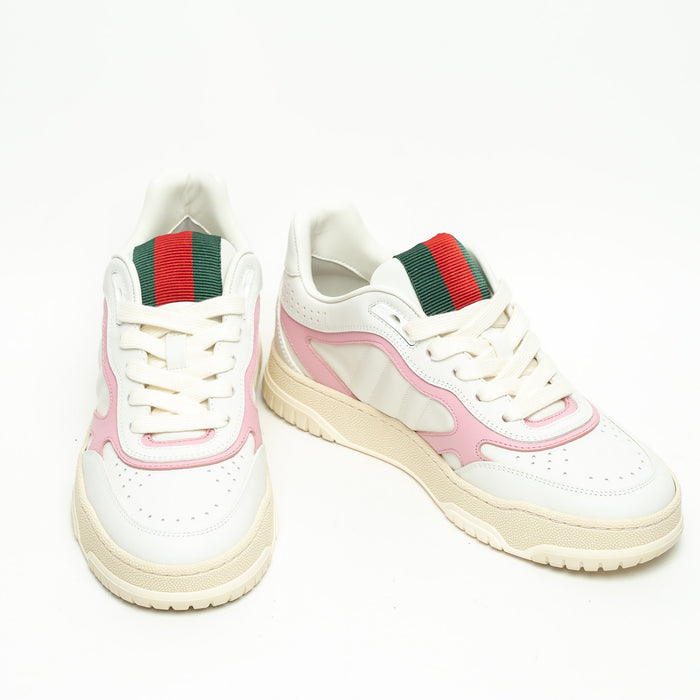 Gucci White and Pink Grained Leather Re-Web Sneakers Size 36