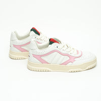 Gucci White and Pink Grained Leather Re-Web Sneakers Size 36