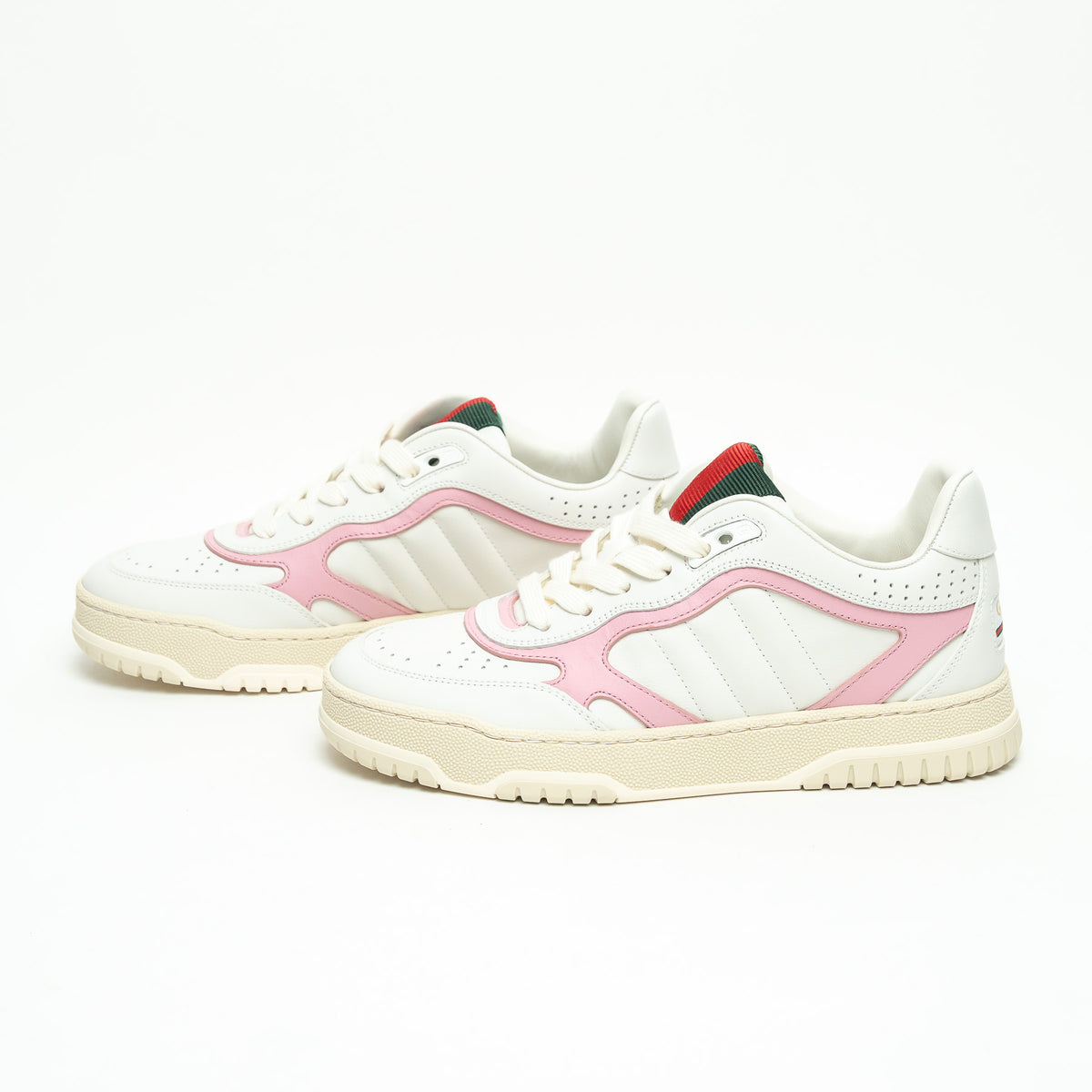 Gucci White and Pink Grained Leather Re-Web Sneakers Size 36