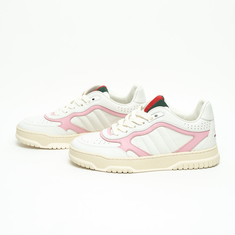 Gucci White and Pink Grained Leather Re-Web Sneakers Size 36
