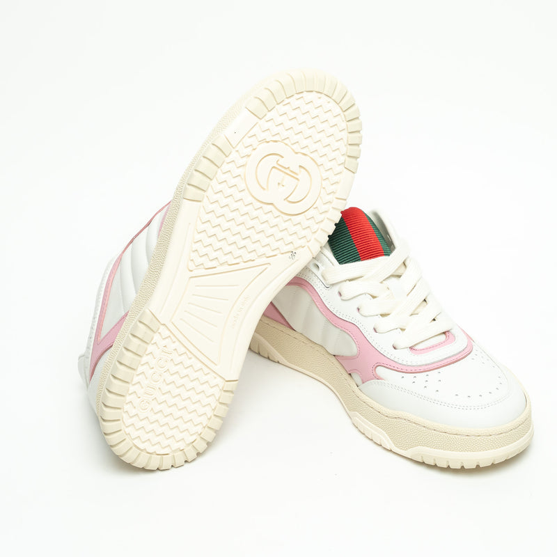 Gucci White and Pink Grained Leather Re-Web Sneakers Size 36