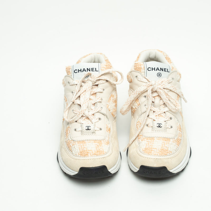 Pre-Loved Chanel™ Beige and White Tweed Sneakers Size 36.5