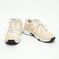 Pre-Loved Chanel™ Beige and White Tweed Sneakers Size 36.5