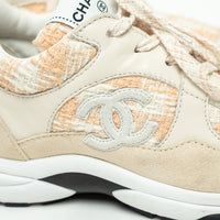 Pre-Loved Chanel™ Beige and White Tweed Sneakers Size 36.5
