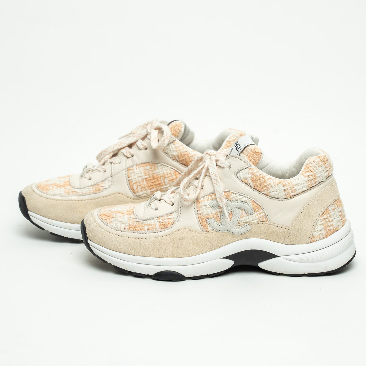 Pre-Loved Chanel™ Beige and White Tweed Sneakers Size 36.5