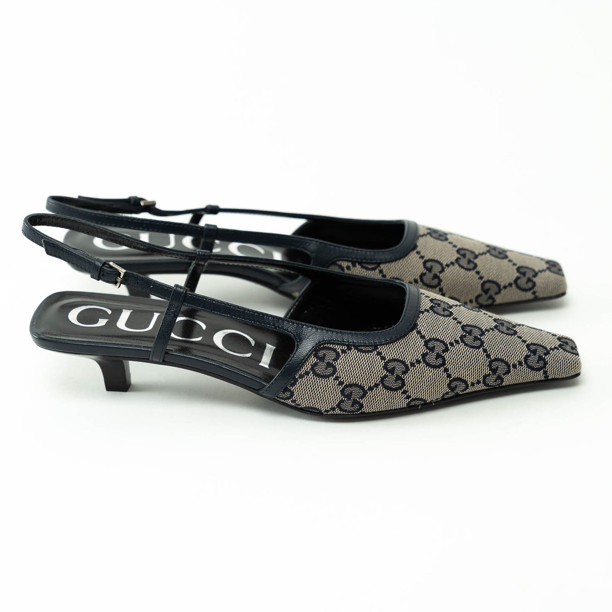 Gucci Monogram Sling Back Kitten Heels Size 36.5