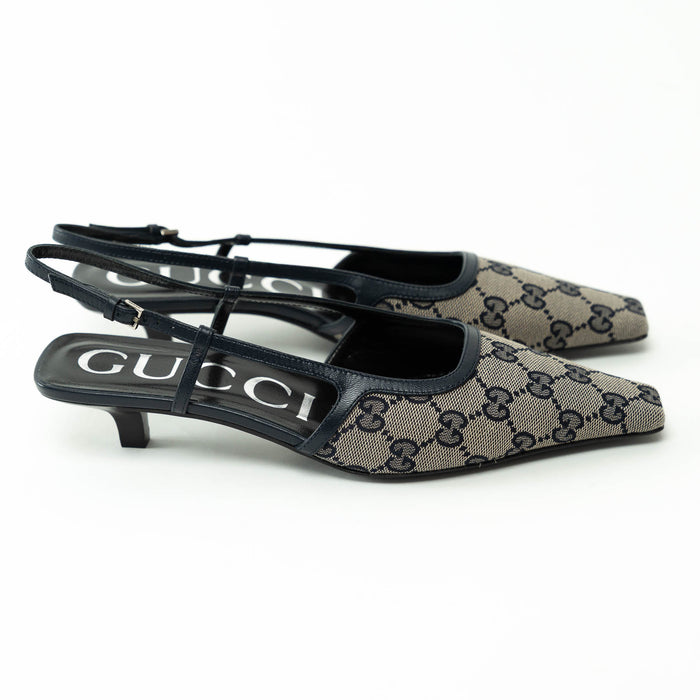 Gucci Monogram Sling Back Kitten Heels Size 36.5