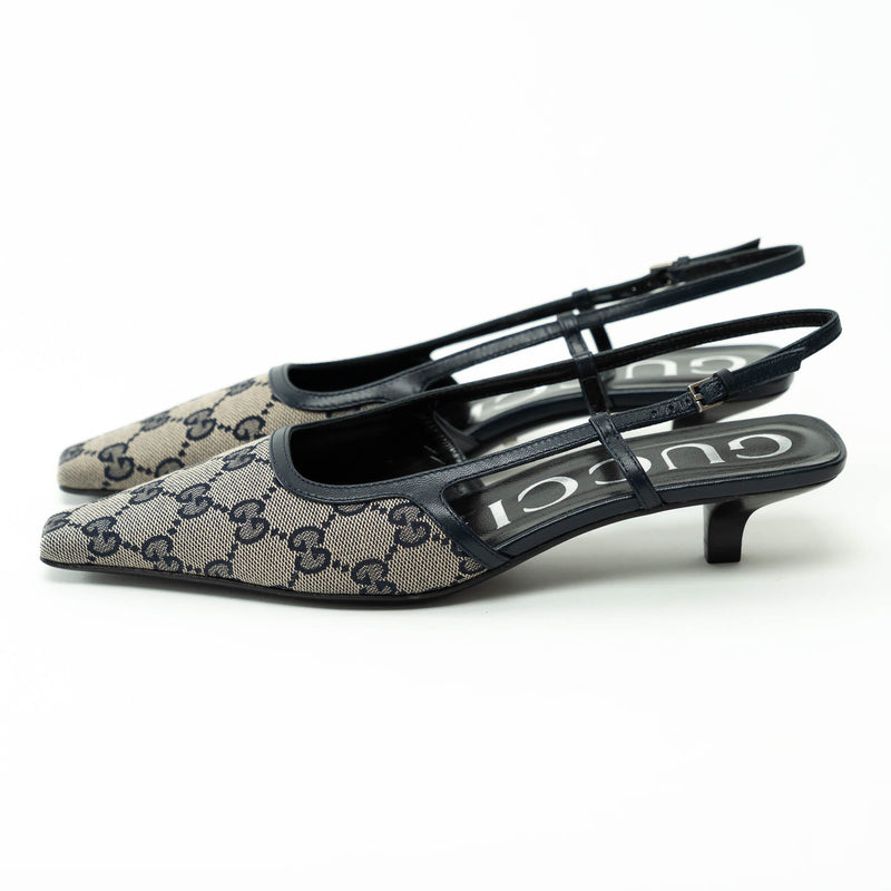 Gucci Monogram Sling Back Kitten Heels Size 36.5