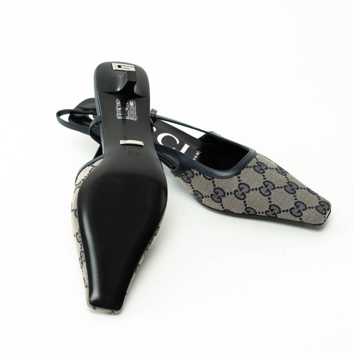 Gucci Monogram Sling Back Kitten Heels Size 36.5