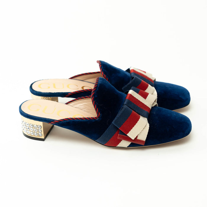 Gucci Blue Velvet Mules with Crystal Embellished Heel Size 38