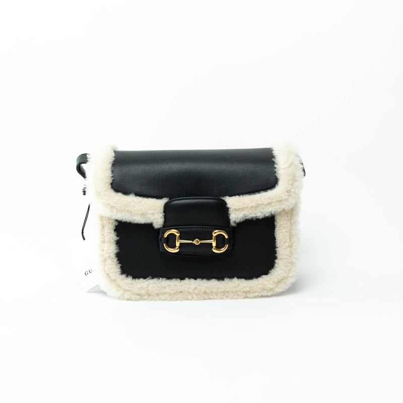 Gucci Black Grained Leather Flap Bag with Shearling Trim