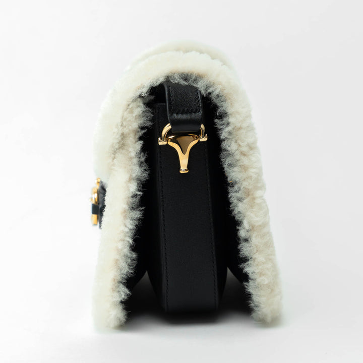 Gucci Black Grained Large Leather Flap Bag with Shearling Trim