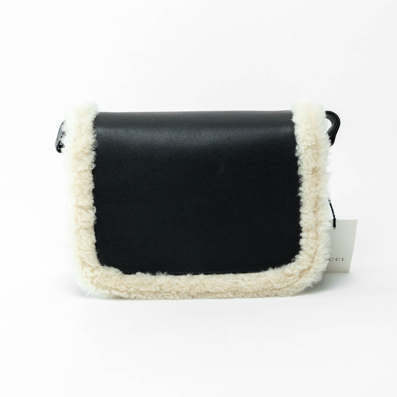 Gucci Black Grained Leather Flap Bag with Shearling Trim