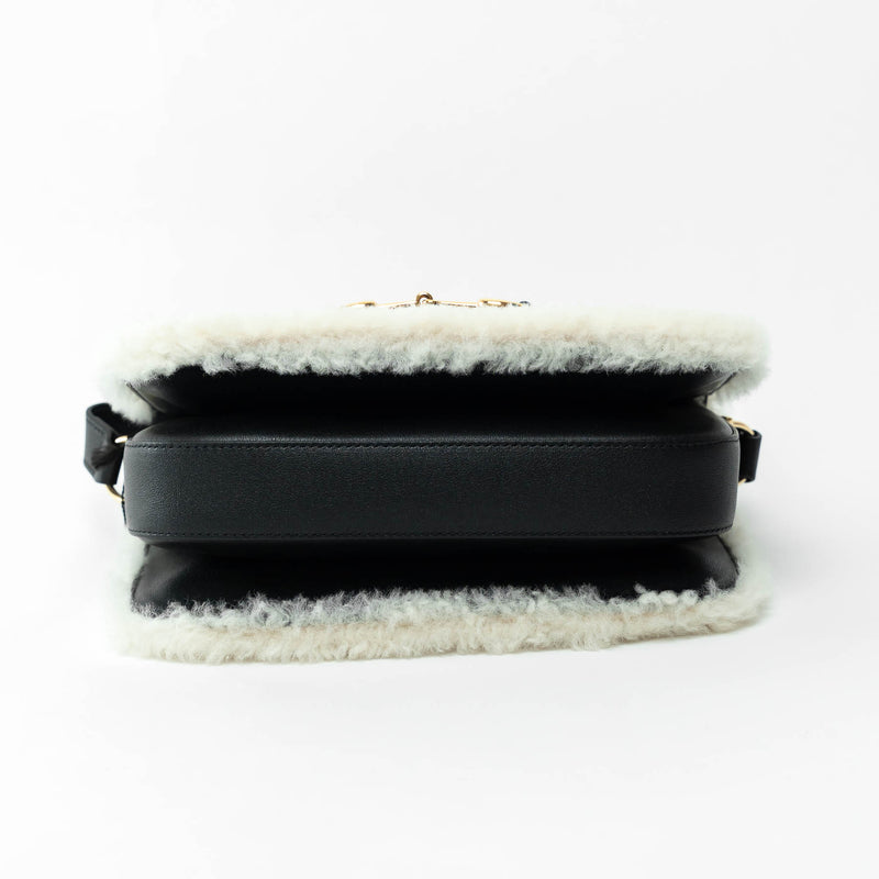 Gucci Black Grained Leather Flap Bag with Shearling Trim