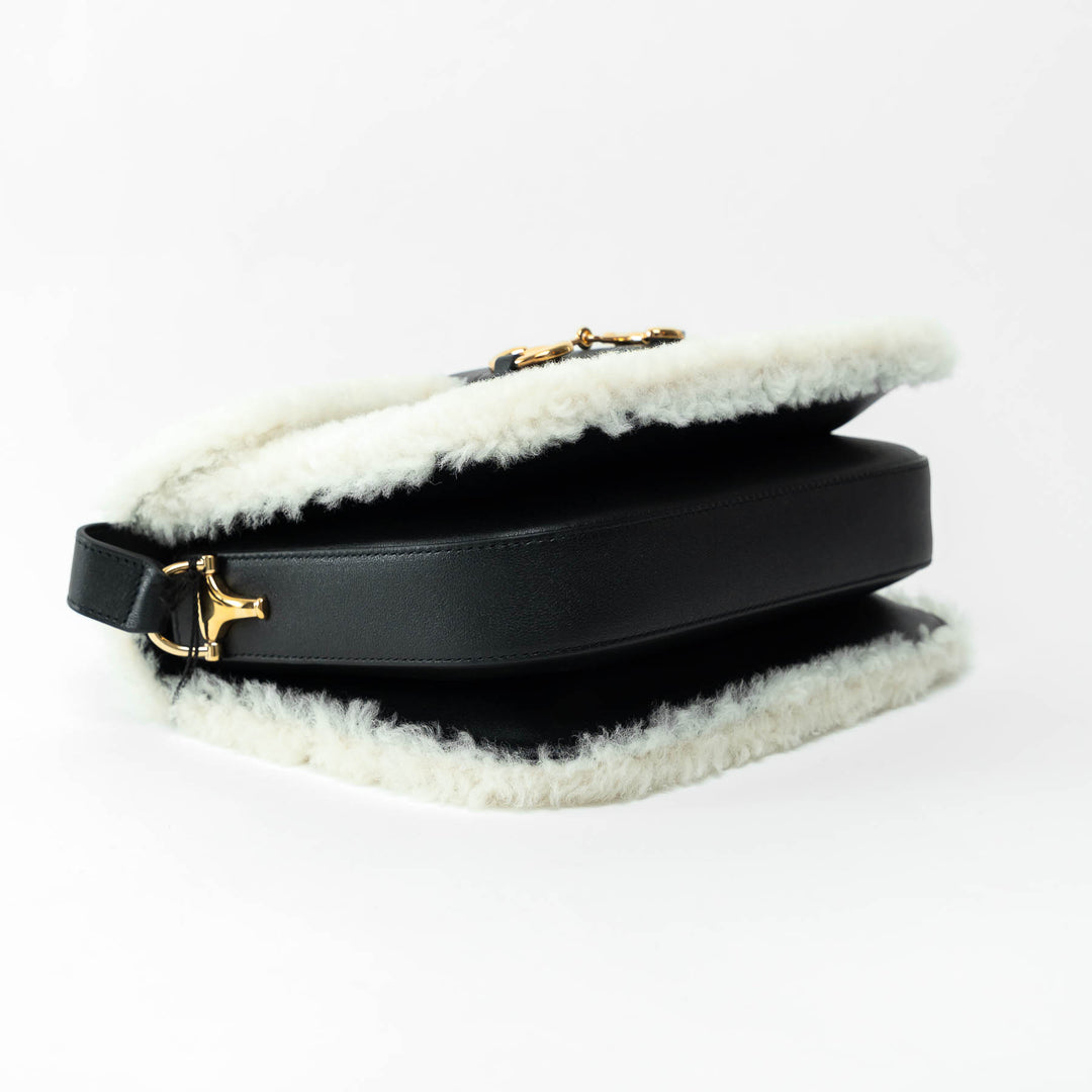 Gucci Black Grained Large Leather Flap Bag with Shearling Trim