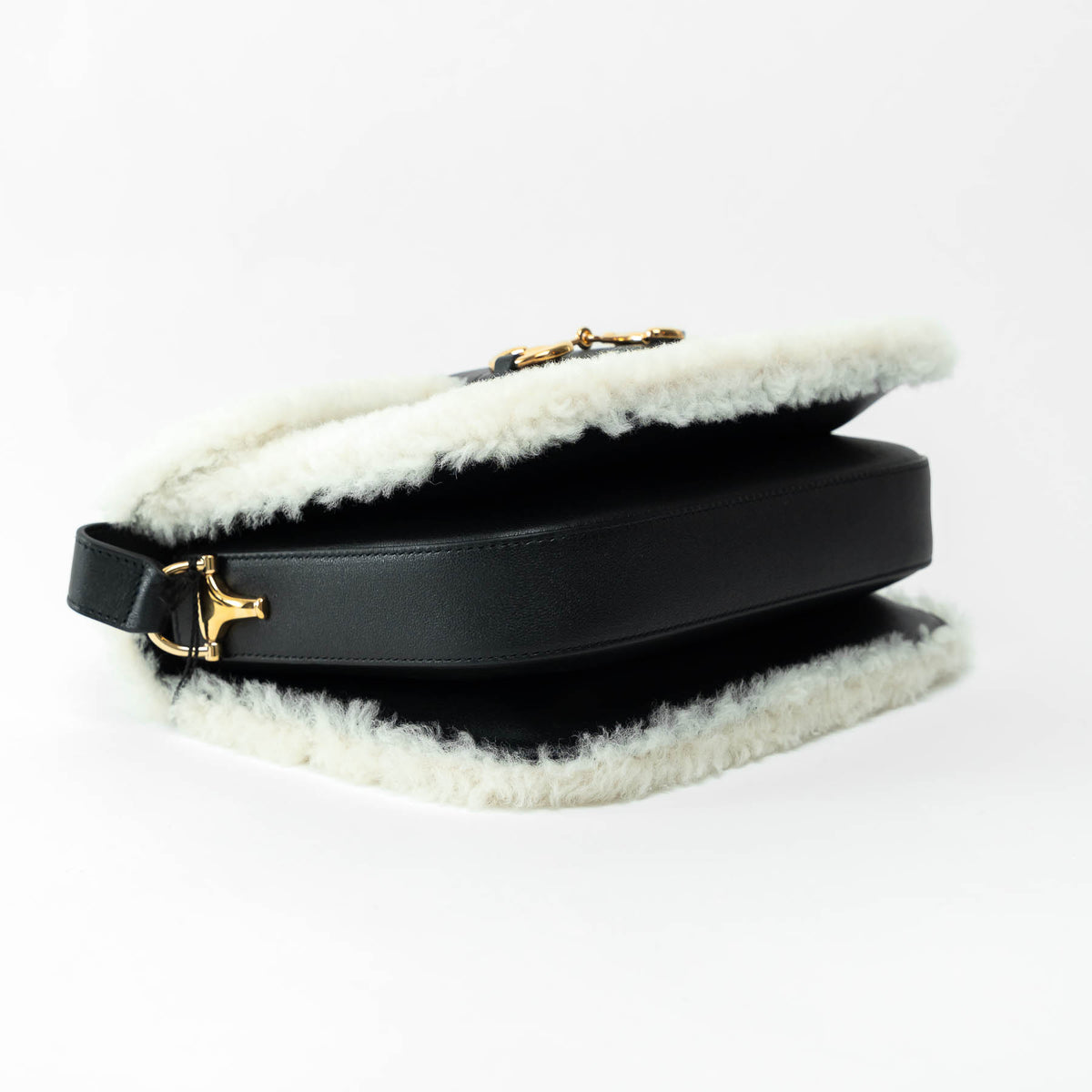 Gucci Black Grained Leather Flap Bag with Shearling Trim