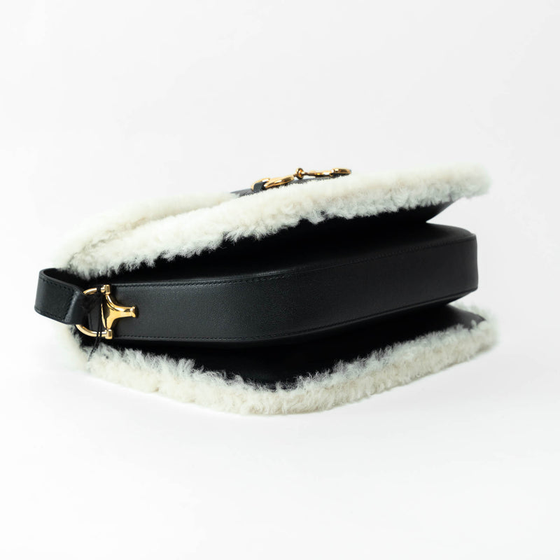 Gucci Black Grained Leather Flap Bag with Shearling Trim