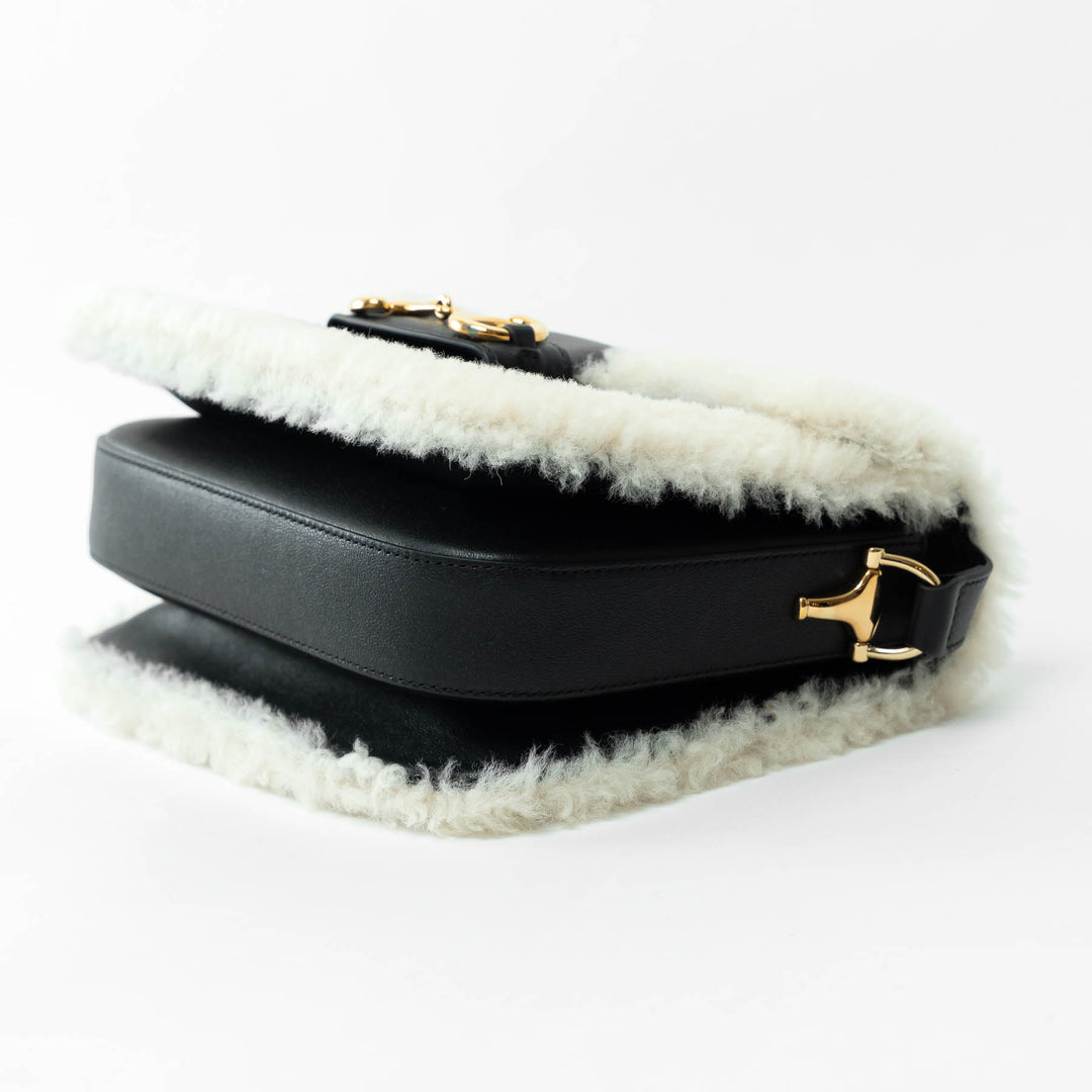 Gucci Black Grained Large Leather Flap Bag with Shearling Trim