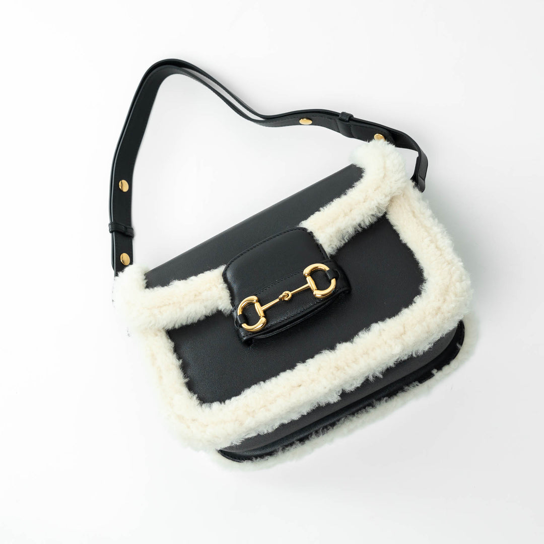 Gucci Black Grained Large Leather Flap Bag with Shearling Trim
