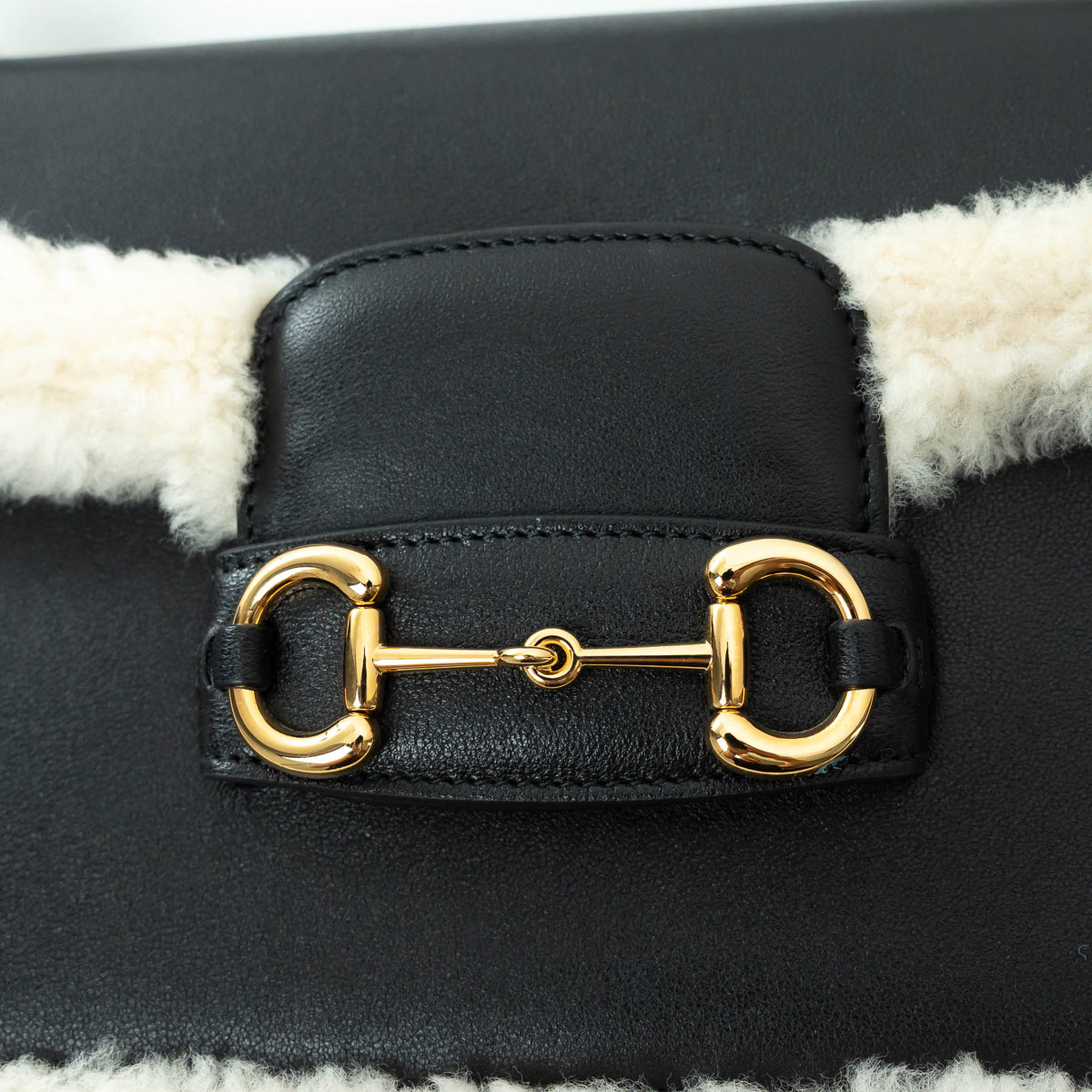 Gucci Black Grained Leather Flap Bag with Shearling Trim