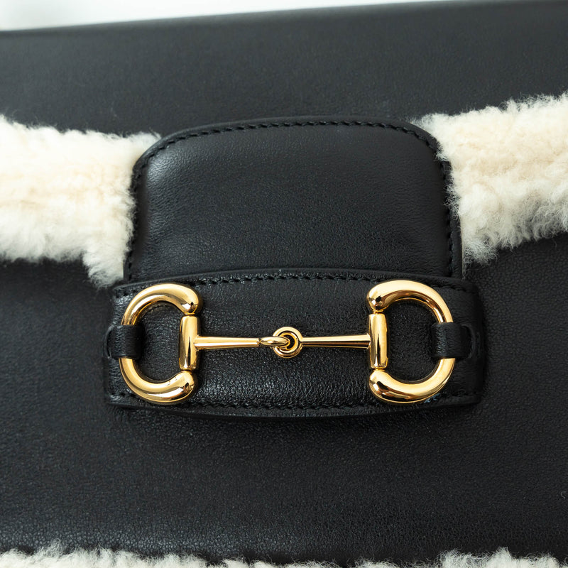 Gucci Black Grained Leather Flap Bag with Shearling Trim