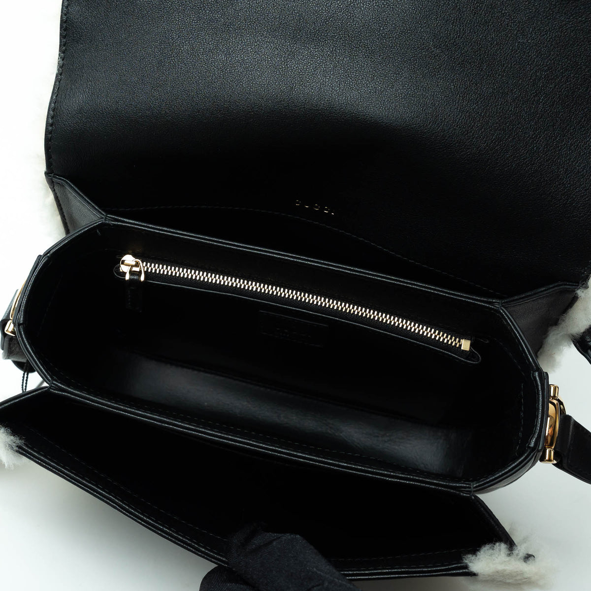 Gucci Black Grained Leather Flap Bag with Shearling Trim