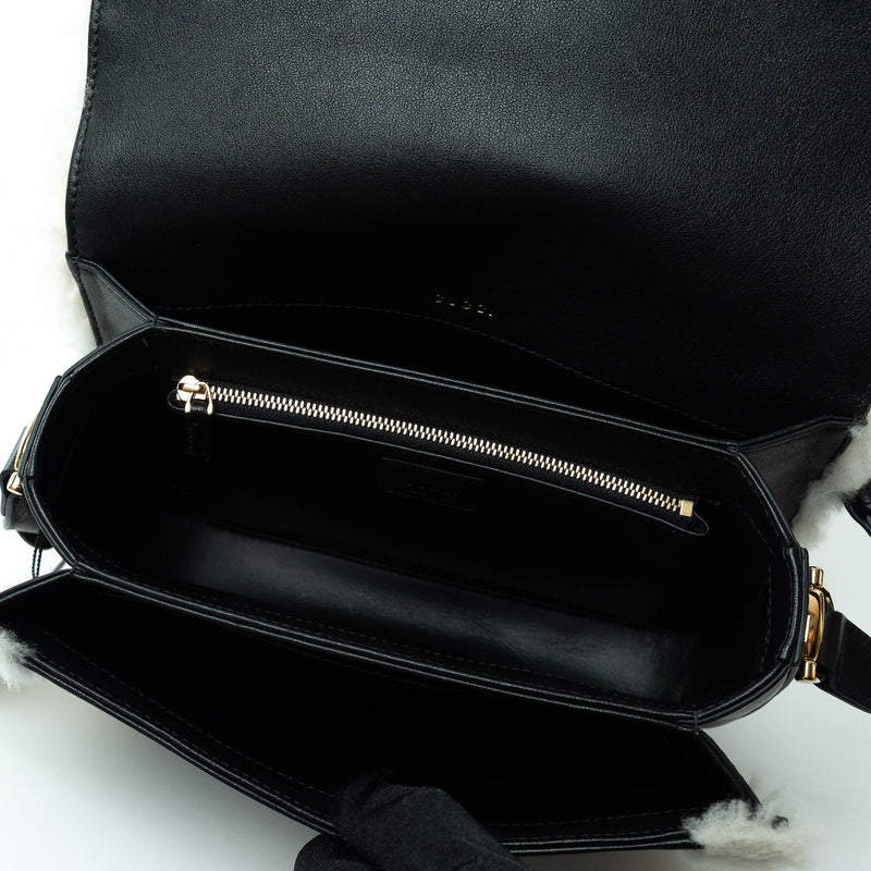 Gucci Black Grained Leather Flap Bag with Shearling Trim