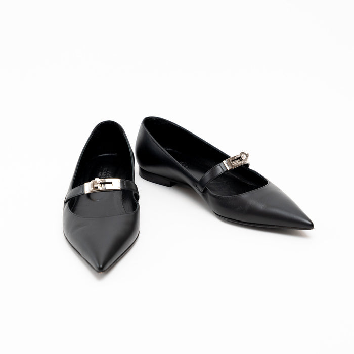 Hermes Black Lambskin Leather Kelly Ballet Flats Size 38.5