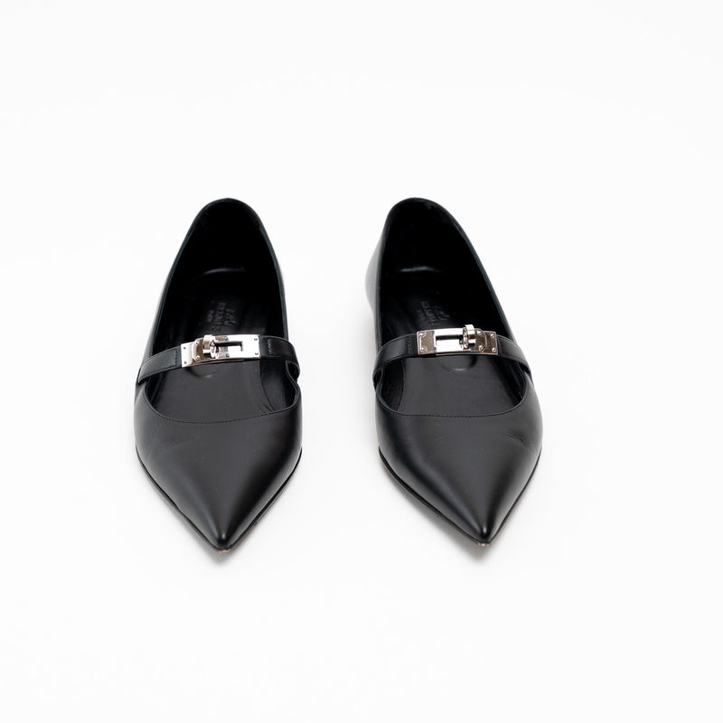 Hermes Black Lambskin Leather Kelly Ballet Flats Size 38.5