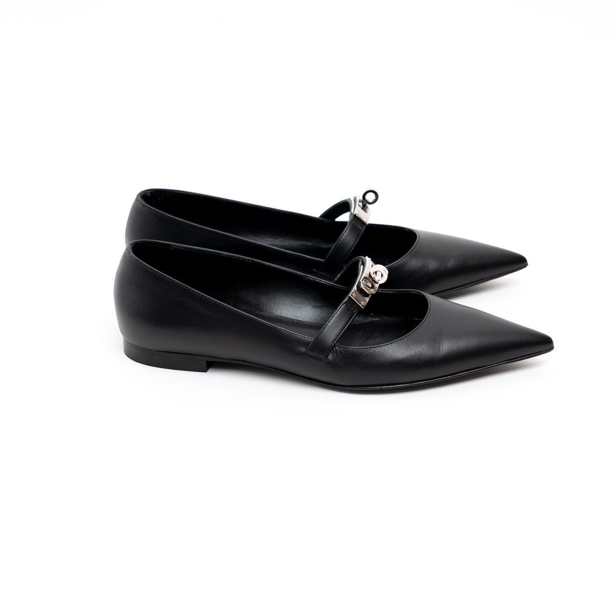 Hermes Black Lambskin Leather Kelly Ballet Flats Size 38.5
