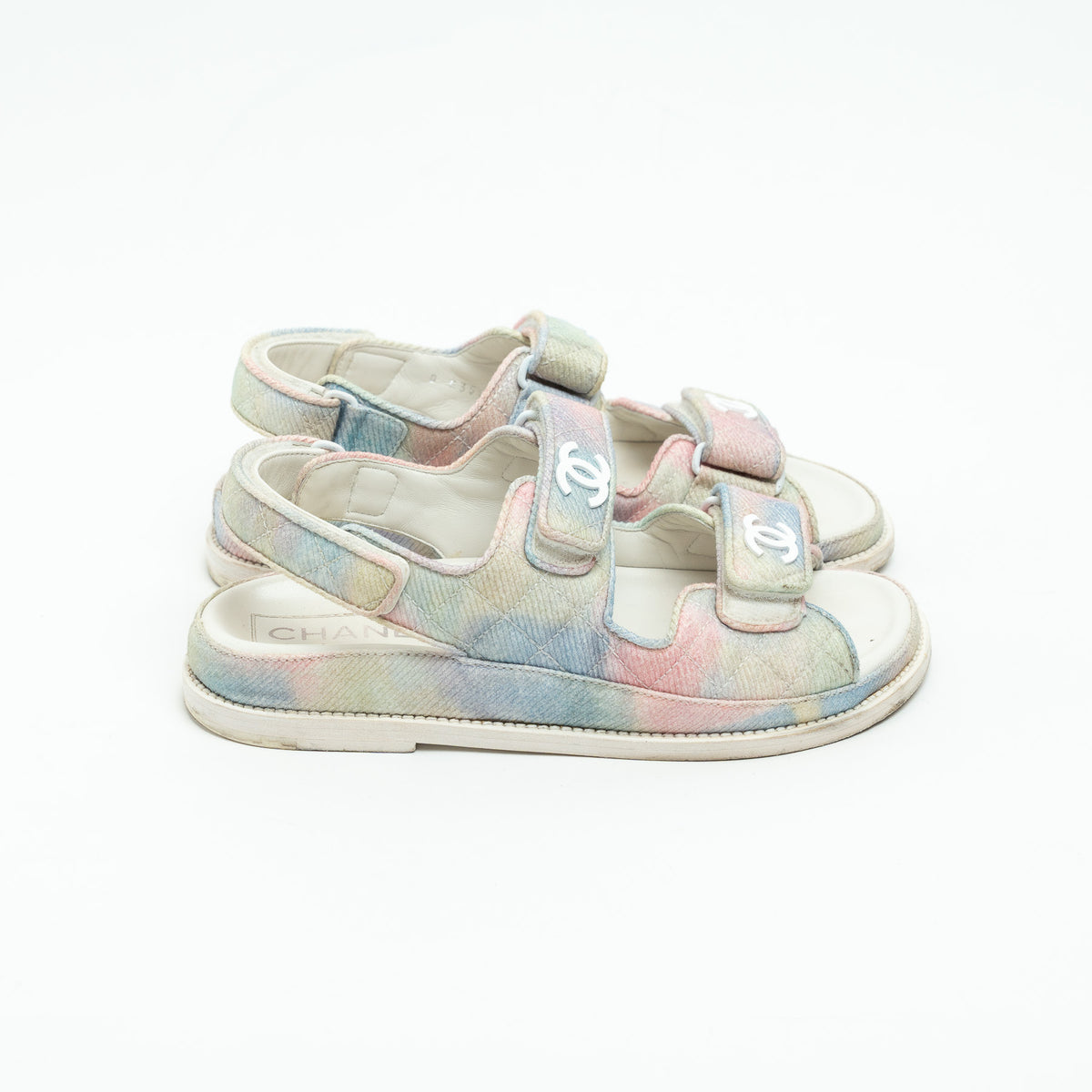 Pre-Loved Chanel™ Pink and Blue Multicolor Corduroy Dad Sandals Size 37C