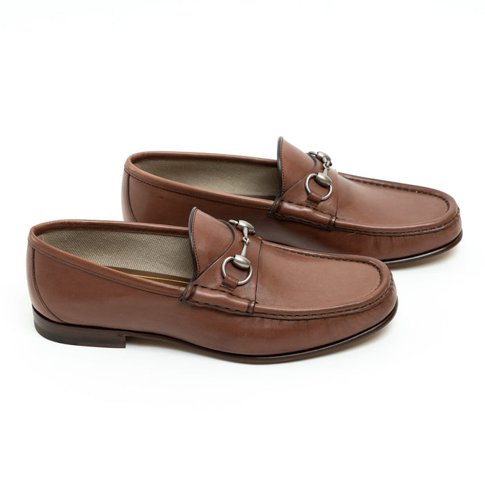 Gucci Brown Grained Leather Horsebit Loafers, Size 8