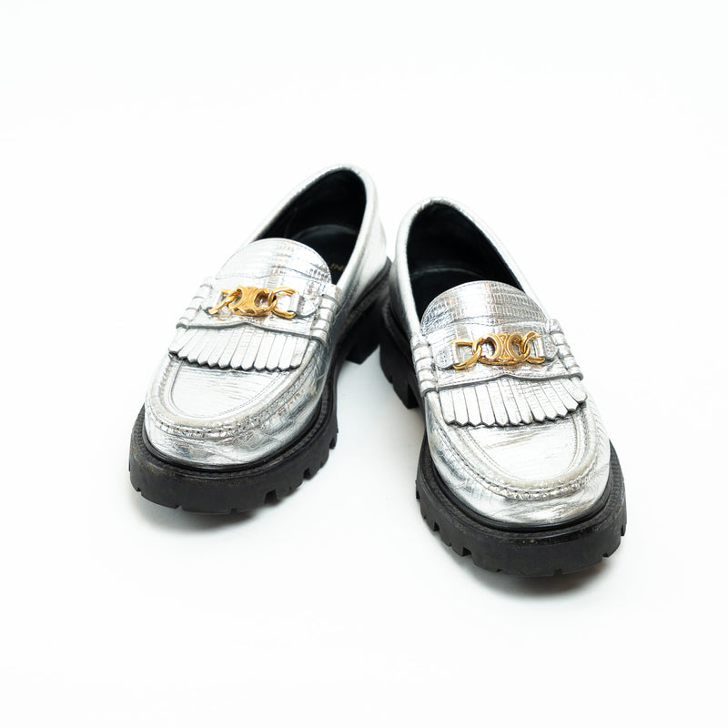 Celine Metallic Croc Embossed Leather Loafers Size 38