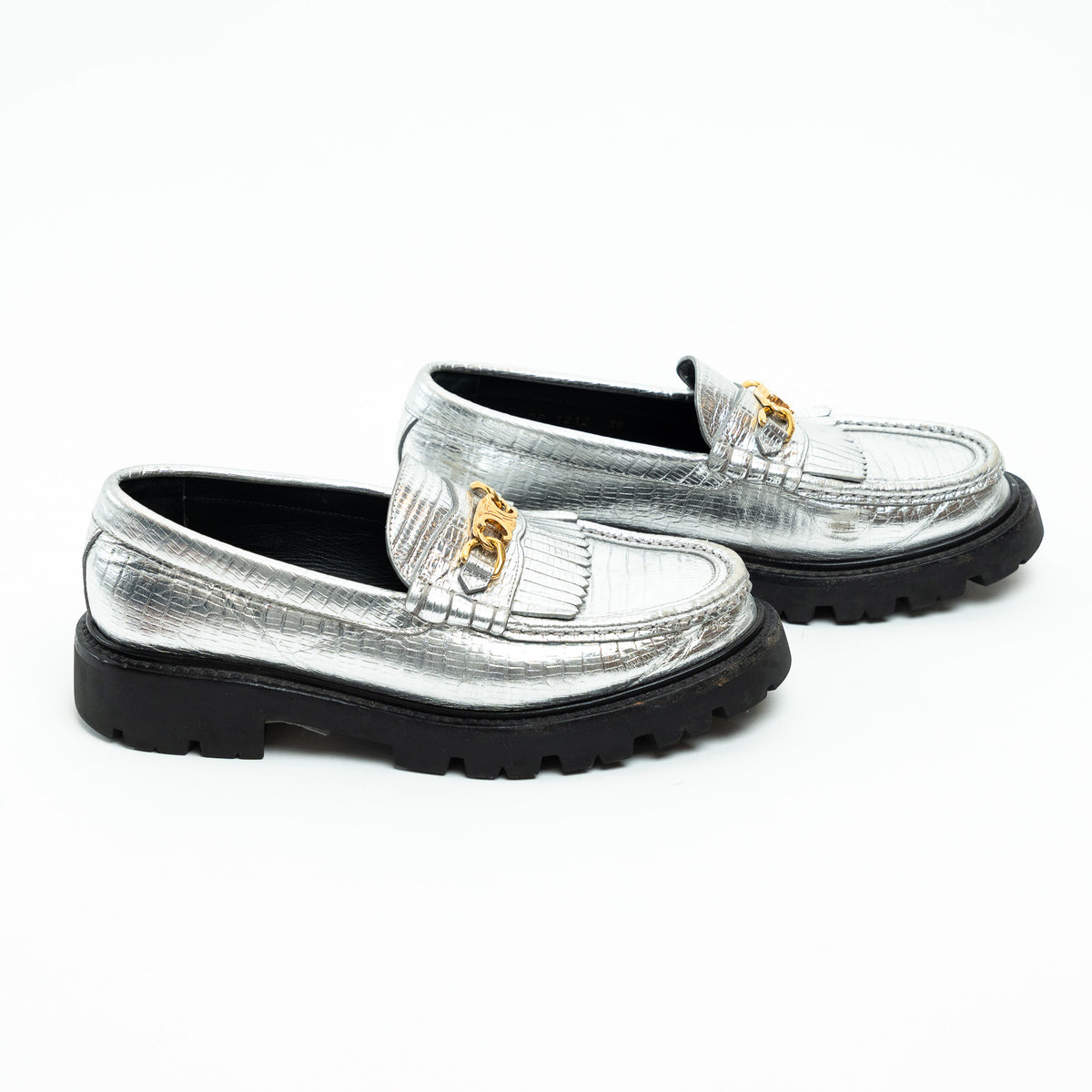 Celine Metallic Croc Embossed Leather Loafers Size 38