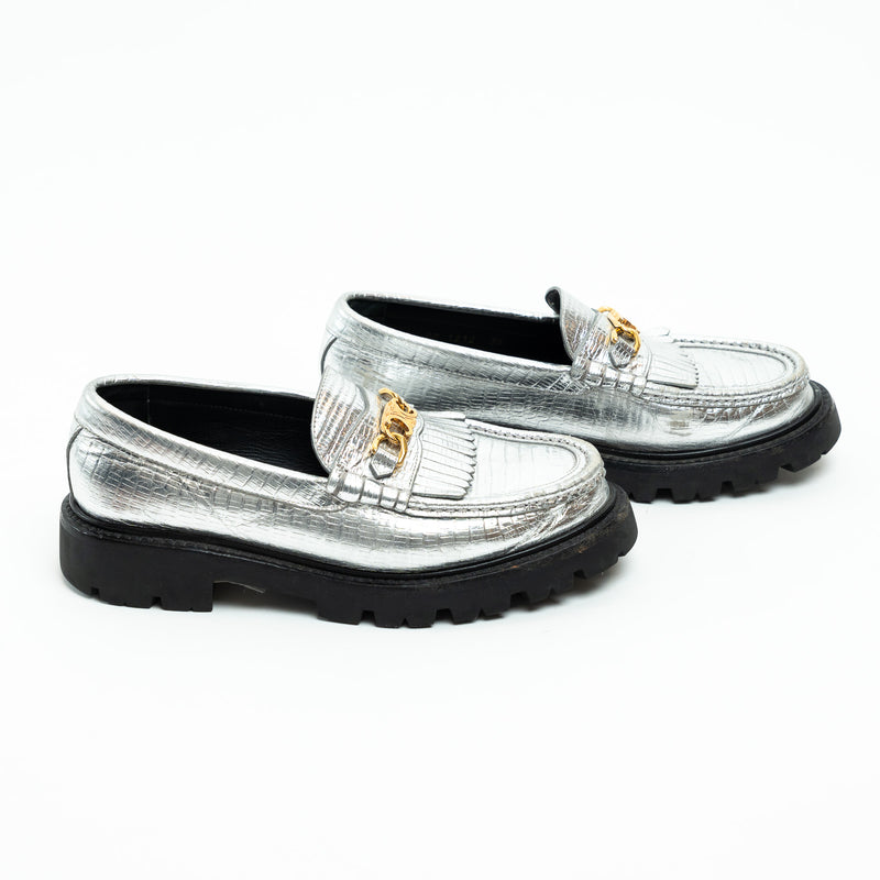 Celine Metallic Croc Embossed Leather Loafers Size 38