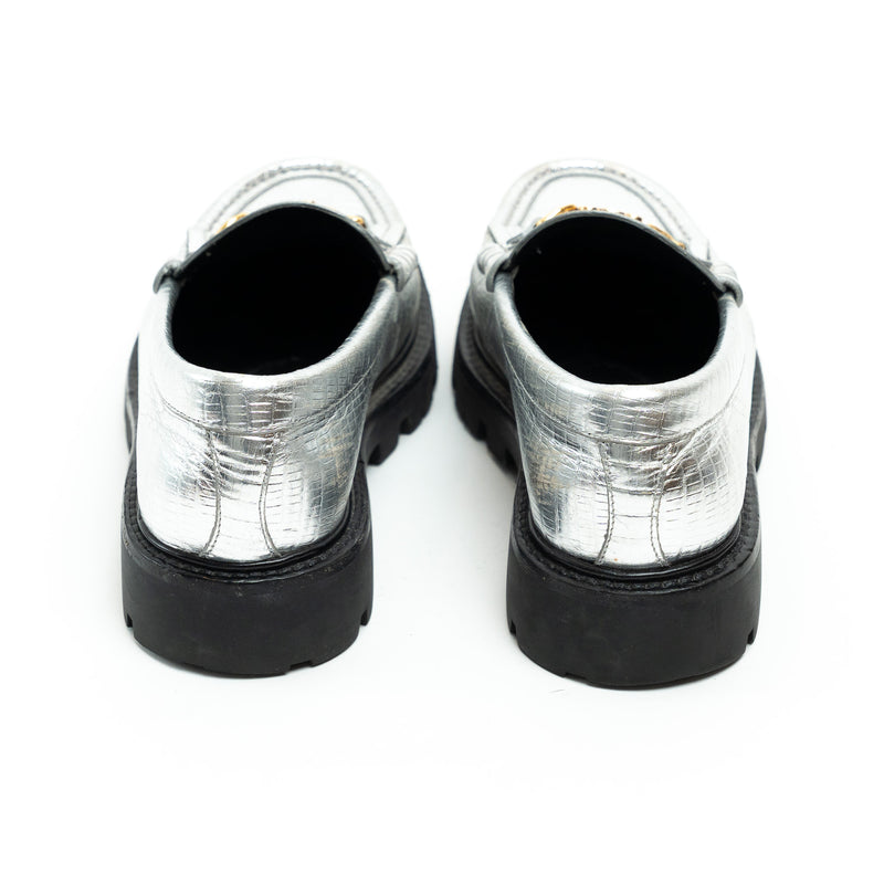 Celine Metallic Croc Embossed Leather Loafers Size 38