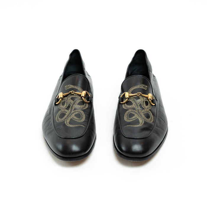 Gucci Black Lambskin Leather Snake Print Horsebit Loafers Size 8