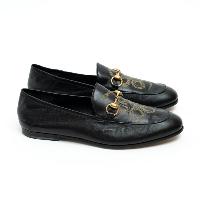Gucci Black Lambskin Leather Snake Print Horsebit Loafers Size 8