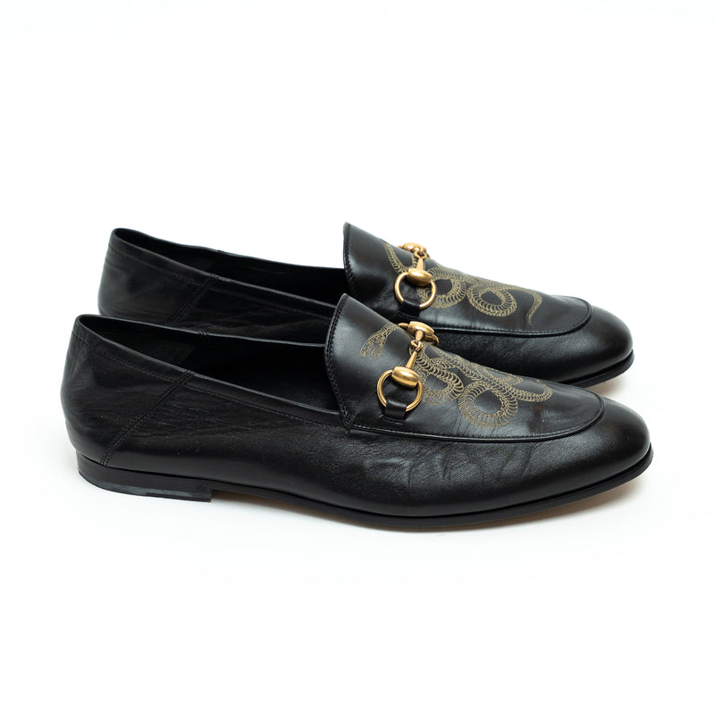 Gucci Black Lambskin Leather Snake Print Horsebit Loafers Size 8