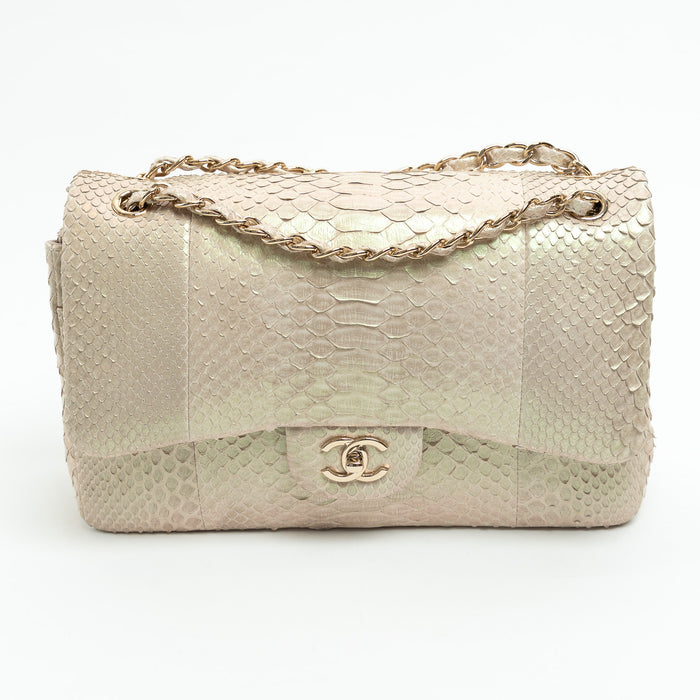 Pre-Loved Chanel™ Pearlescent Beige Python Leather Jumbo Classic Double Flap Bag