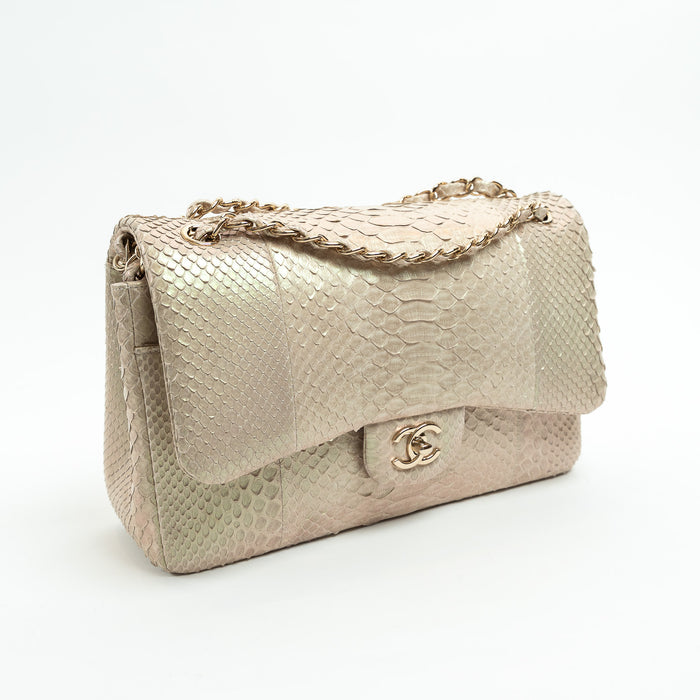 Pre-Loved Chanel™ Pearlescent Beige Python Leather Jumbo Classic Double Flap Bag